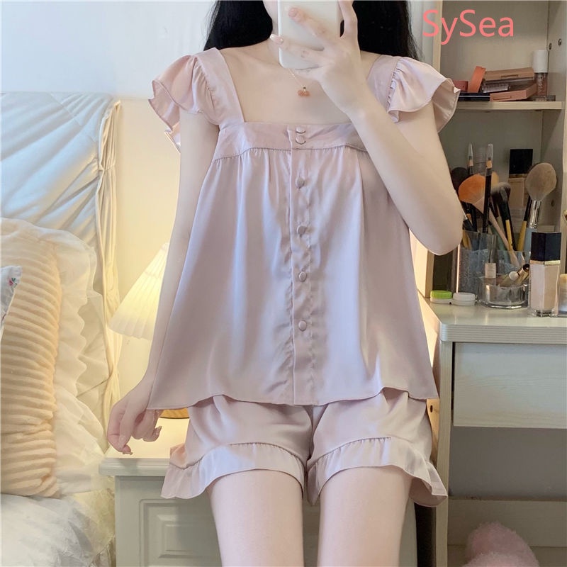Set Đồ Ngủ Gồm Áo Hai Dây Cổ Vuông Và Quần Short Thời Trang Mùa Hè