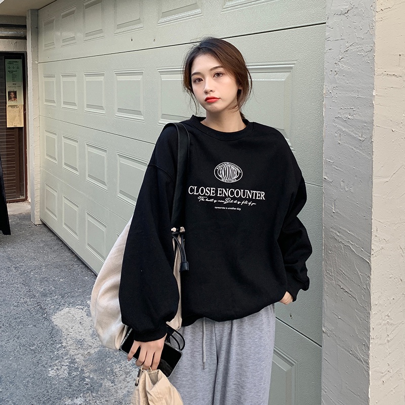 Áo thun tay dài dáng rộng in chữ phong cách Hàn Quốc thời trang cho nữ