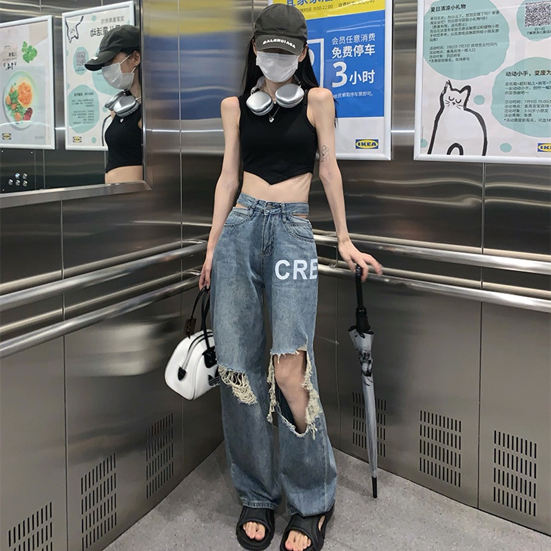 Quần Jean Nữ Lưng Cao Ống Đứng Rách Gối Thời Trang