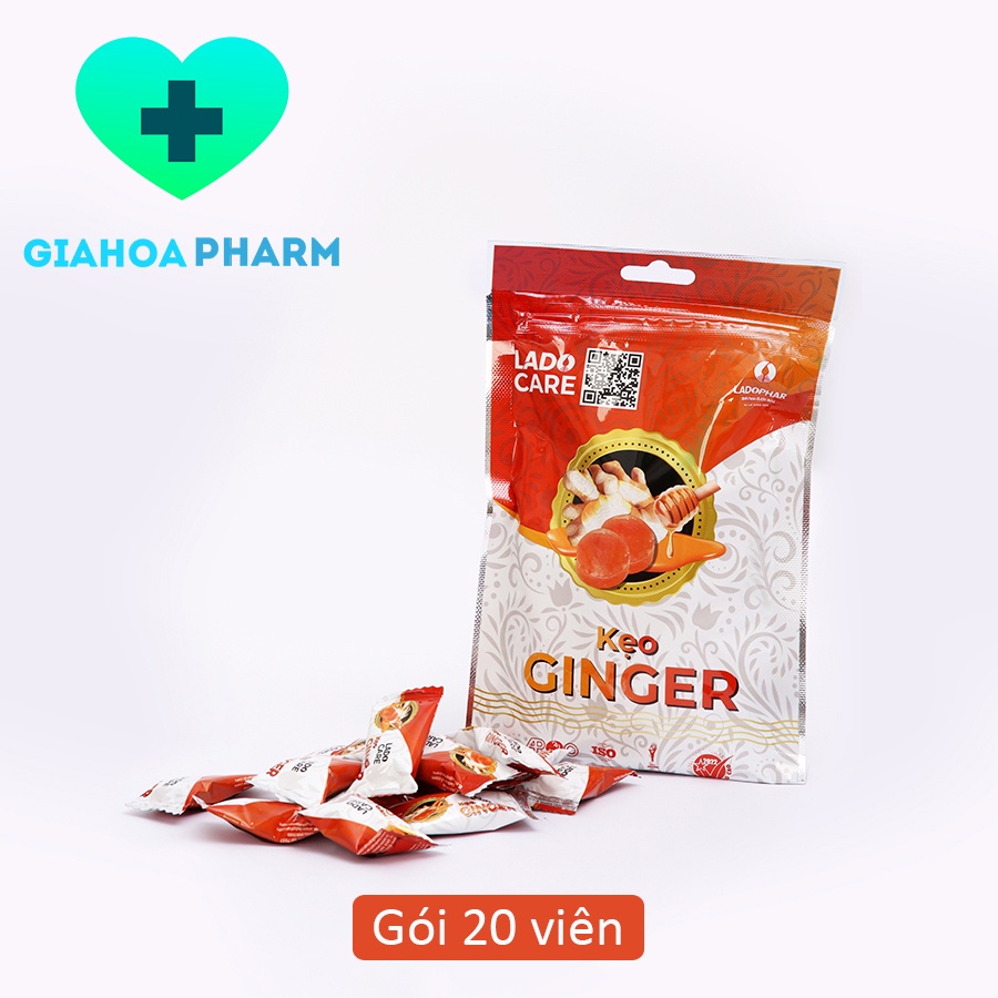 Kẹo ngậm gừng Lado Care Ginger (Ladophar) giúp giữ ấm họng, bao tử / dạ dày, giảm buồn nôn, ói - Gói 20 viên