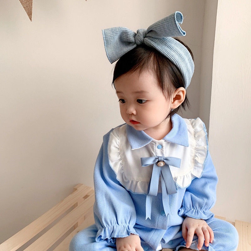 Áo Liền Quần Tay Dài Đính Nơ Chất Liệu Cotton Thời Trang Xuân Thu Xinh Xắn Cho Bé Gái