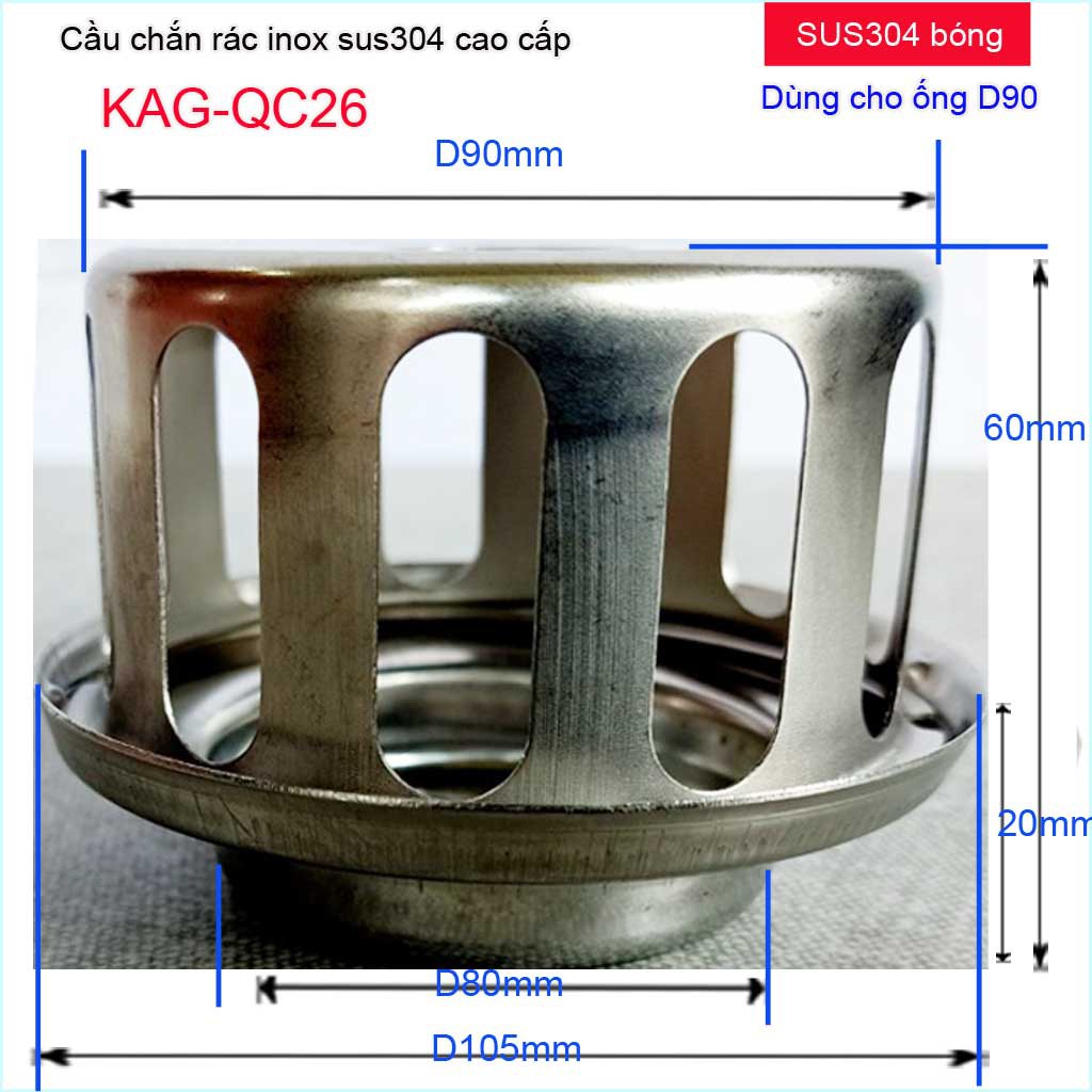 Cầu chắn rác sân thượng inox SUS304 đặt miệng ống D60-D90, cầu chặn rác  thoát nước mưa sân thượng máng xối