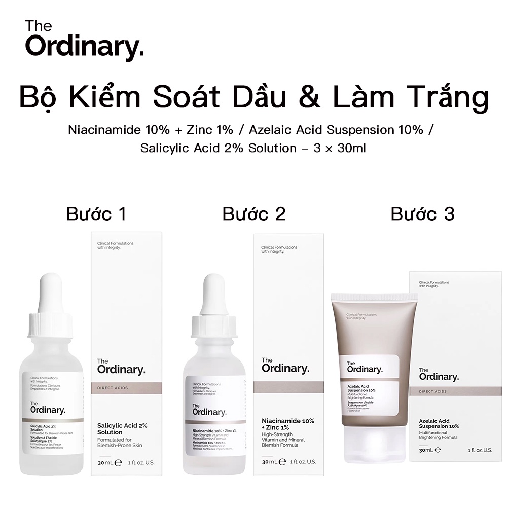The Ordinary Làm Trắng Và Kiểm Soát Dầu - Niacinamide 10% + Kẽm 1% / Axit Azelaic Suspension 10% / Tinh Chất Axit Salicylic 2% -3×30ml