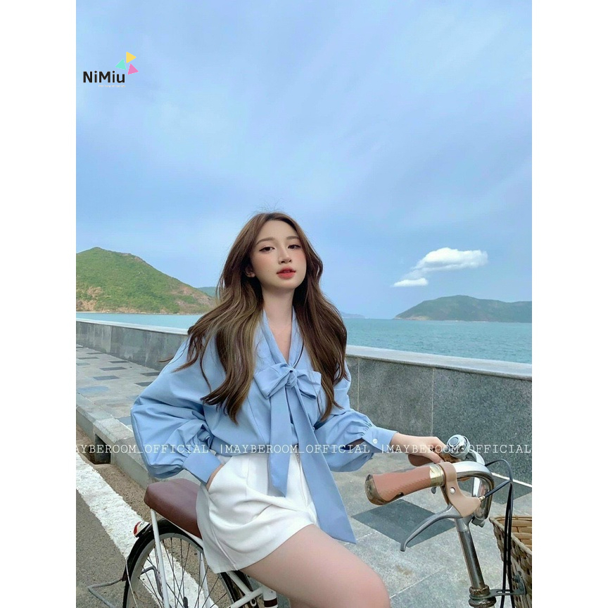 Sét bộ đùi thời trang nữ mặc đi chơi áo chất đũi cột nơ tay dài phồng màu xanh mix quần đùi cotton lạnh màu trắng