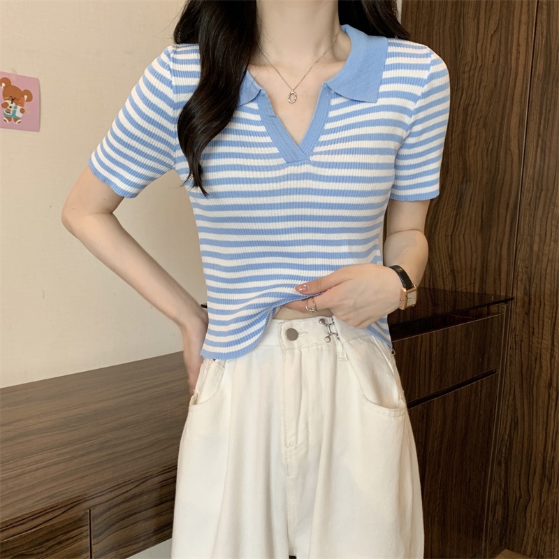 SUXI Áo Croptop Dệt Kim Mỏng Tay Ngắn Kẻ Sọc Thời Trang Mùa Hè Cho Nữ