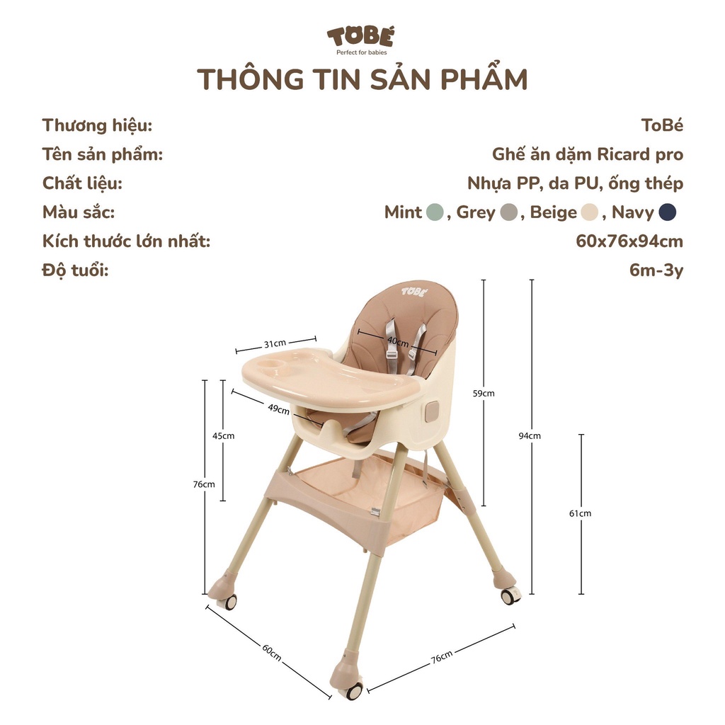 Ghế Ăn Dặm Cho Bé Ricard Pro Trơn Pastel TOBÉ Thiết Kế Khay Ăn Kép Điều Chỉnh, 3 Cấp Độ, Có Thể Gấp Gọn