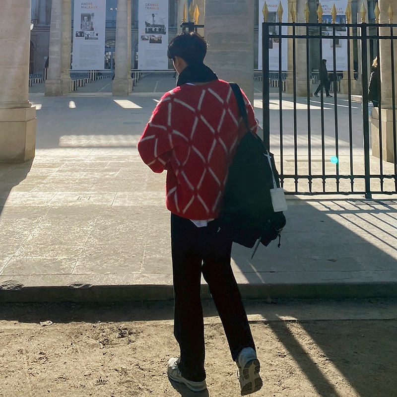 Áo sweater tay dài dáng rộng dày ấm áp họa tiết kẻ sọc thời trang thu đông dành cho nam