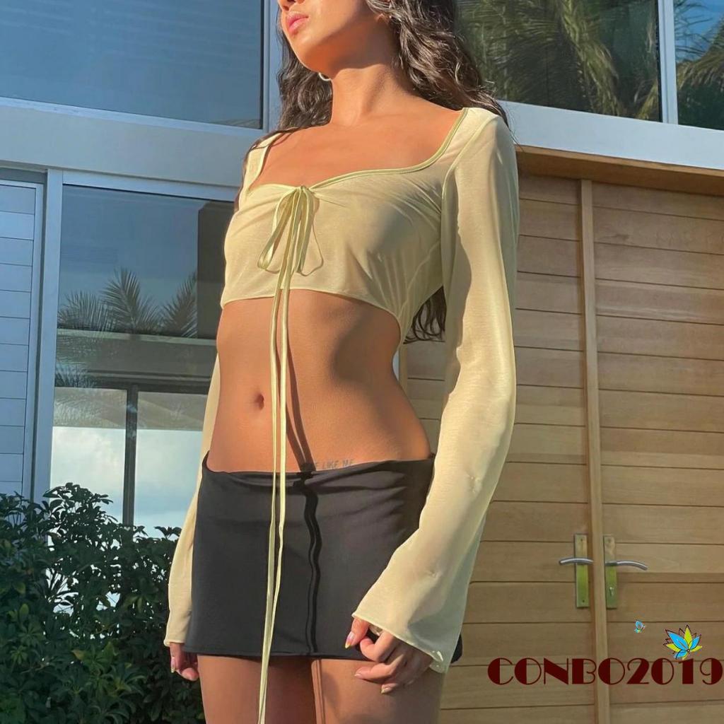 Áo Thun Crop Top Tay Dài Màu Sắc Thời Trang Dành Cho Nữ