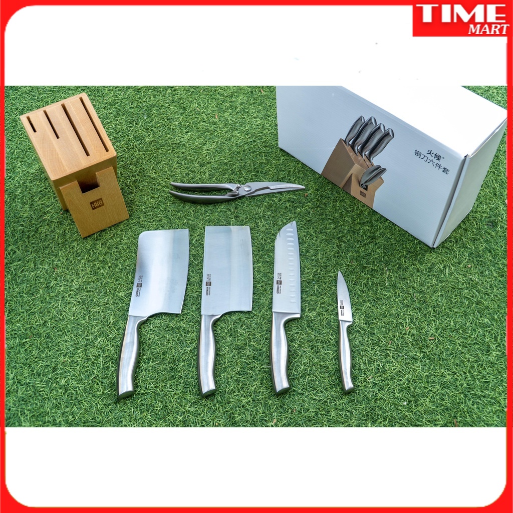 [CHÍNH HÃNG] Bộ dao kéo Đức 6 món Xiaomi HuoHou kèm chân đế gỗ. siêu sắc,cực bền [TIME_MART siêu thị tiện ích gia đình]