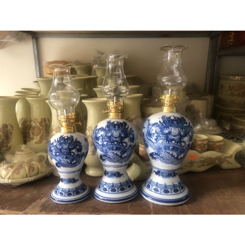 Đèn Dầu Thờ Men Lam Vẽ Rồng Bát Tràng