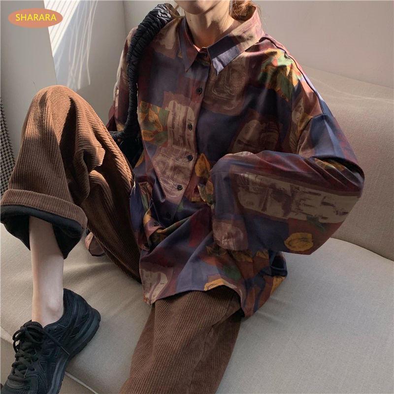 Áo Sơ Mi Tay Dài Họa Tiết Hoa Phong Cách Retro Hàn Quốc Cho Nữ