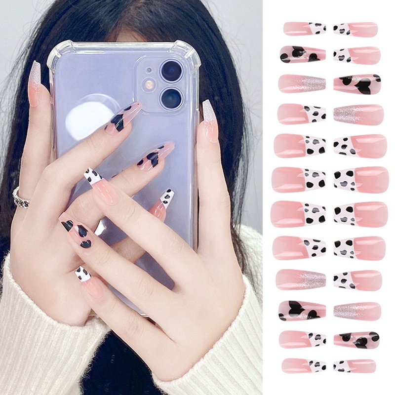 Time * Móng Tay Giả Dạng Nhấn Tháo Rời Được In Họa Tiết Bò Sữa Trái Tim Kiểu Pháp