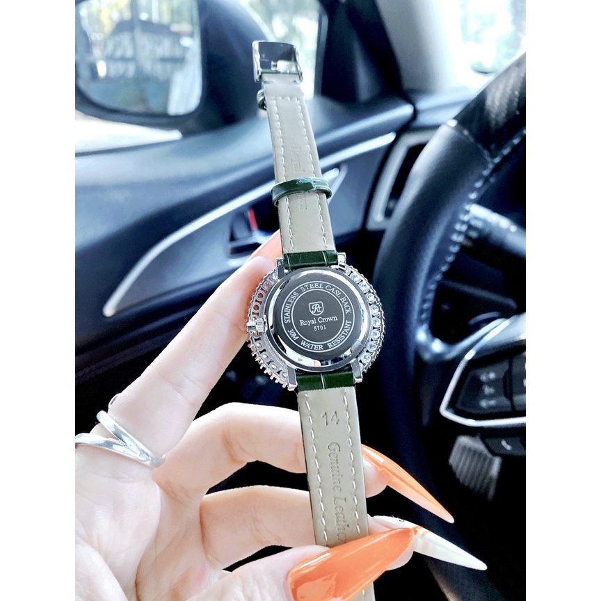 Đồng hồ nữ dây da, đồng hồ nữ chính hãng ROYAL CROWN đính kim cương nhân tạo Swarovski siêu cao cấp dây xanh lá cực đẹp
