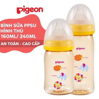 Bình sữa Pigeon 160ml / 240ml cổ rộng PPSU Plus hình thú với núm vú silicone siêu mềm Plus