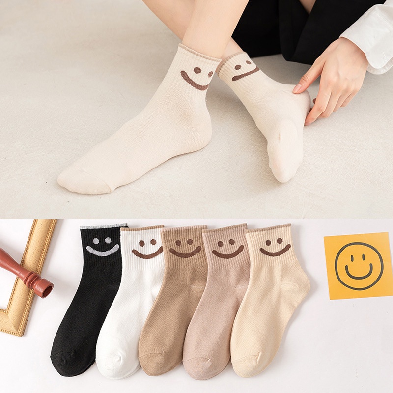 Tất Cotton Nữ In Hình Mặt Cười Thời Trang