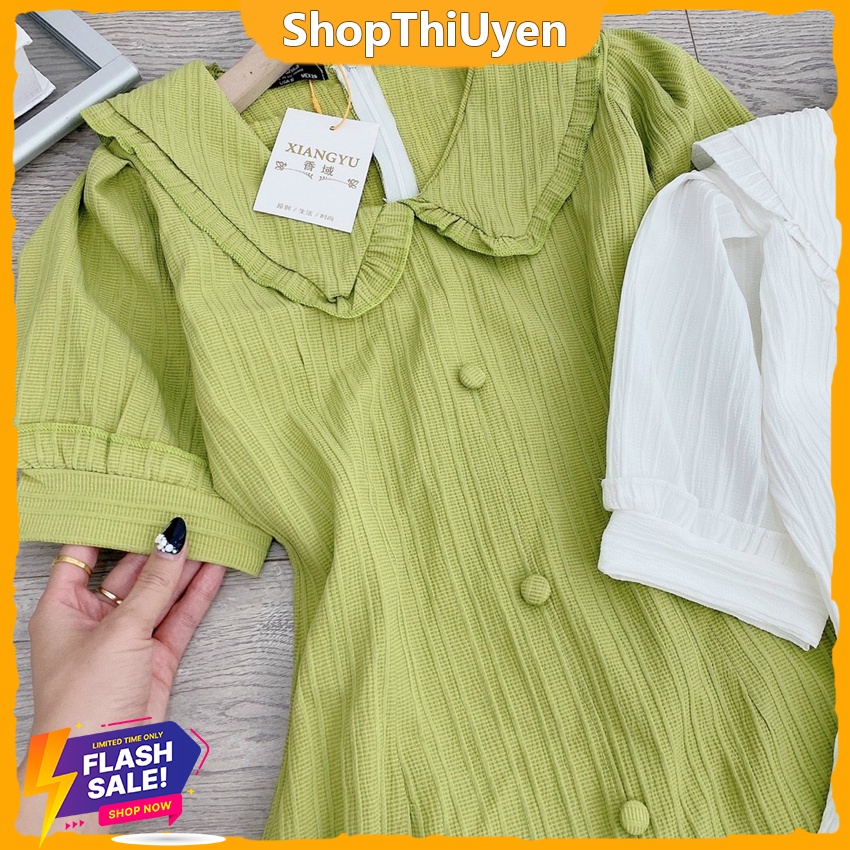 Đầm chất vải kate lụa cổ V tay ngắn dáng ôm suông xẻ tà 2 màu xanh trắng
