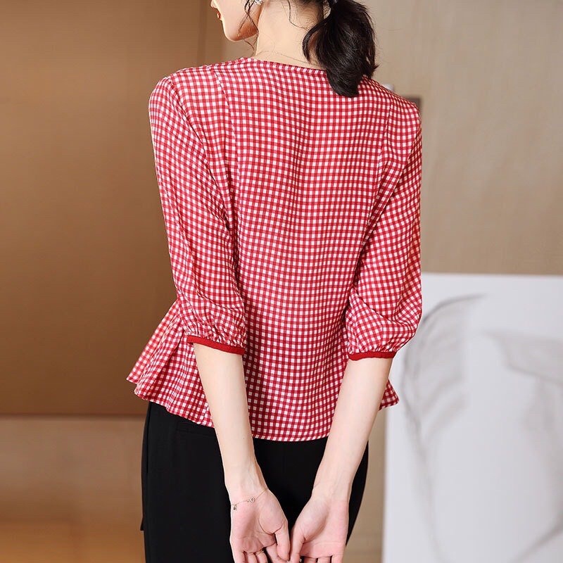 RA1369 Áo chiffon nữ hè thu tay lỡ caro hàng nhập