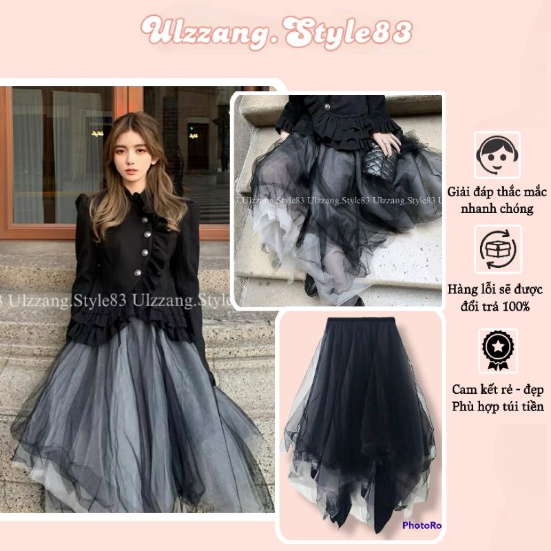 Chân váy xếp ly dài ombre hai màu đen xám Ulzzang.Style83 6 lớp xòe phồng bồng bềnh gothic ulzzang