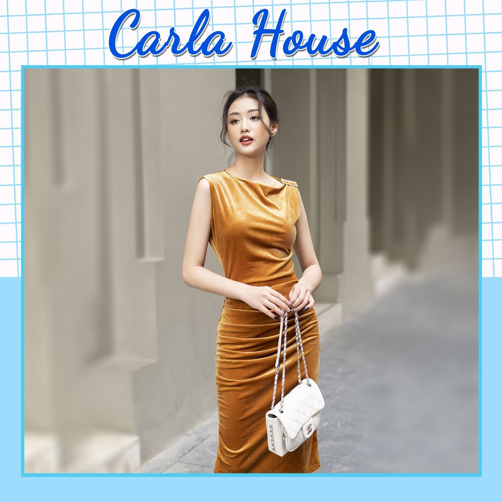 Váy nhung ôm body xếp ly eo đá vai sang chảnh V2 CARLA