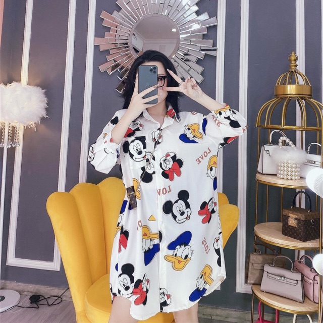 [ Mã FAMAYWA2 giảm 10K đơn 50K] Đầm sơ mi form rộng họa tiết xinh - Freesize dưới 60kg vừa - Carotshop