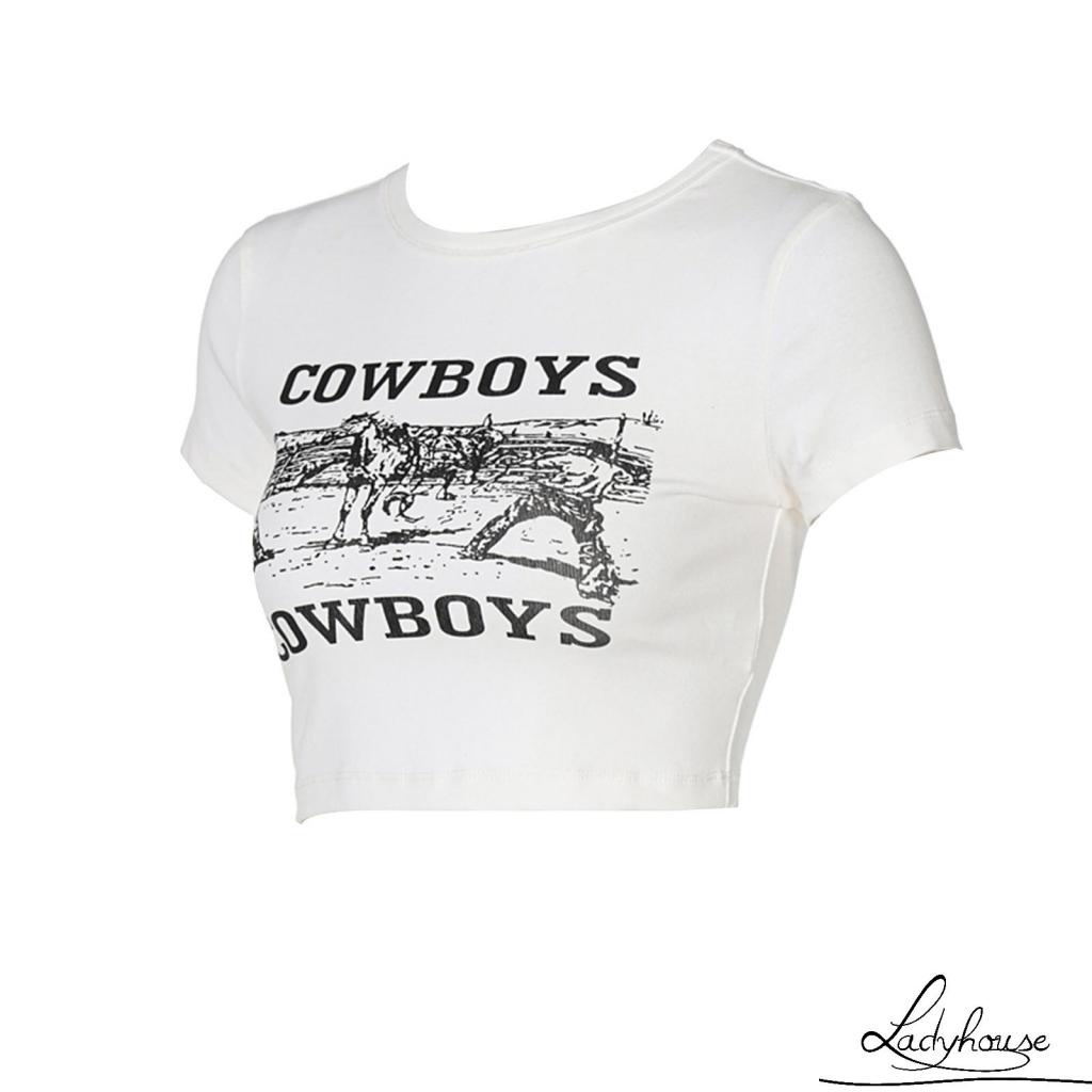 Áo Thun Ngắn Tay Kiểu Cao Bồi Hở Rốn In Chữ Thời Trang Cho Nữ