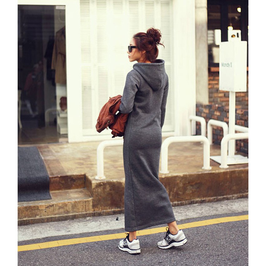 Plus Đầm Hoodie Tay Dài Phối Nhung Dày Dáng Dài Cỡ Lớn Thoải Mái Cho Nữ | BigBuy360 - bigbuy360.vn