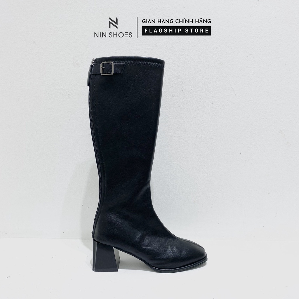 Giày boot đùi nữ 7p gót vuông khóa hông giả kéo khóa sau da si Ninshoes | BigBuy360 - bigbuy360.vn
