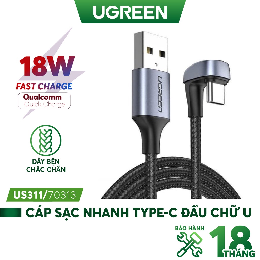 Cáp sạc nhanh Type-C UGREEN US311 Sạc nhanh 18W QC 3.0 - Đầu chữ U chống gập gãy