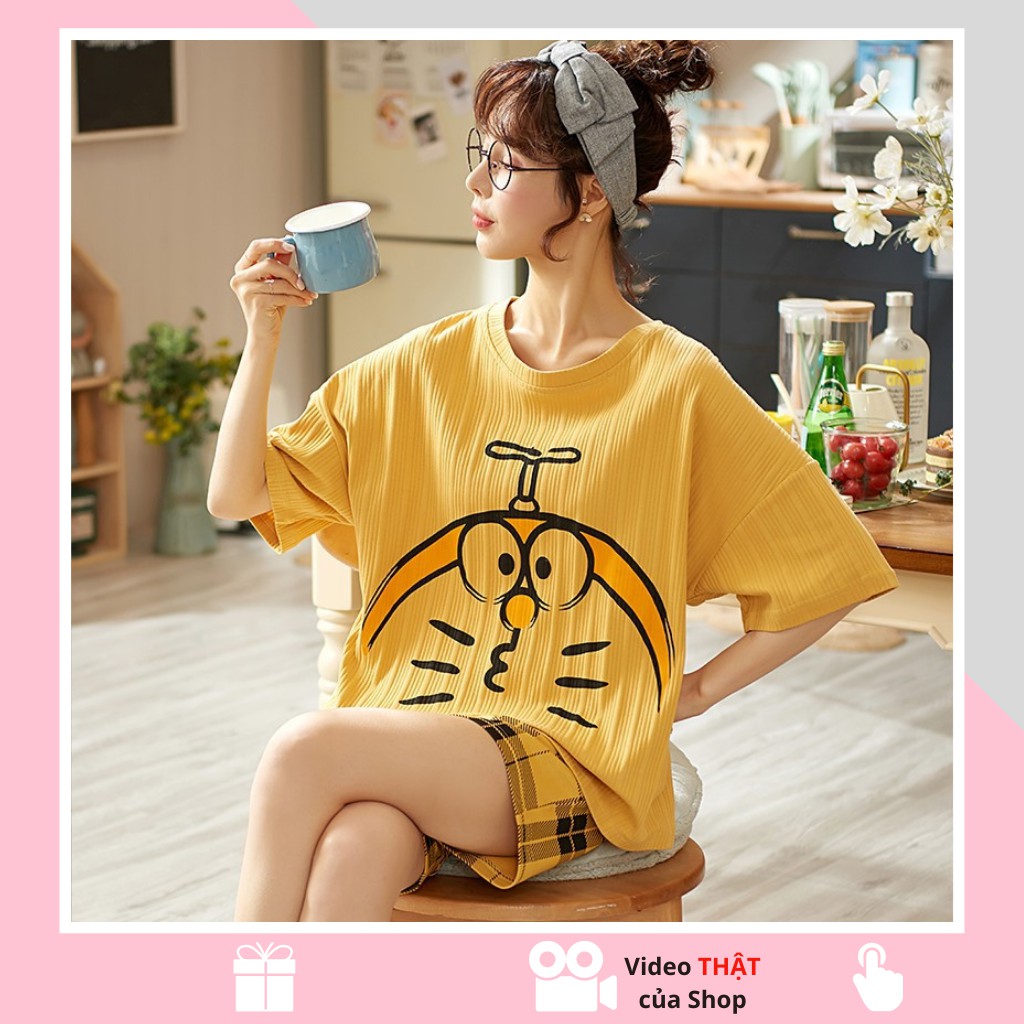 Bộ đồ ngủ nữ cotton ngắn tay quần đùi doremon phong cách Hàn Quốc cực dễ thương
