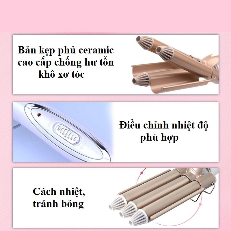 Máy uốn tóc chuyên nghiệp Kemei KM-1010 tiện lợi với 3 trục uốn dùng uốn xoăn,uốn lọn, gợn sóng