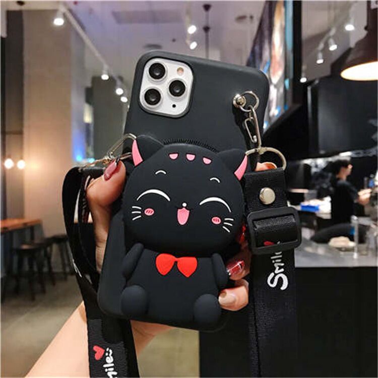Đối với iPhone 6 6S 7 8 Plus X XS Max XR 12 Mini 13 14 15 11 Pro Max Phim hoạt hình TPU mềm Ốp lưng tiền xu dễ thương 3D Lucky Cat Ví đựng điện thoại có dây buộc