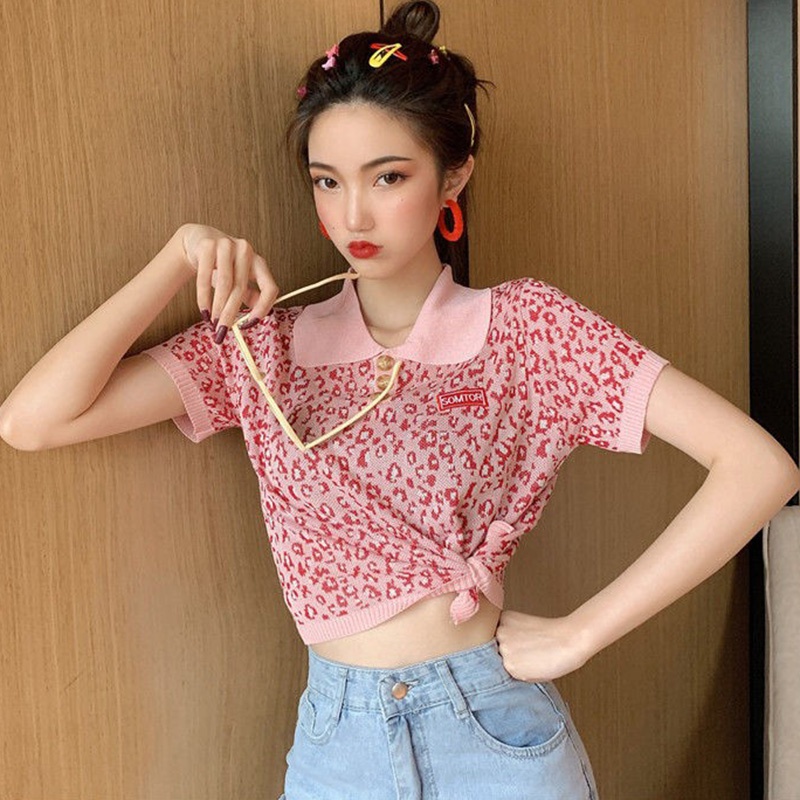Áo croptop dệt kim in họa tiết màu sắc retro xinh xắn dành cho nữ