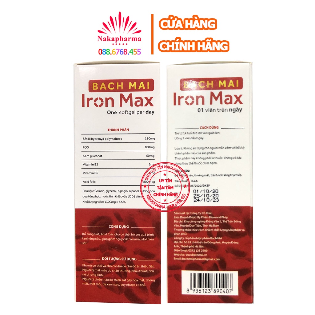 [KÈM QUÀ] Viên bổ máu Iron Max Bạch Mai –Giúp bổ sung sắt, acid folic cho phụ nữ mang thai và cho con bú, ngừa thiếu máu