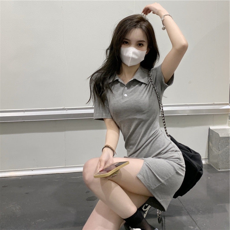 Đầm Thun Đen Cổ polo Dáng Ôm Chiết Eo Cá Tính Dễ Phối Đồ