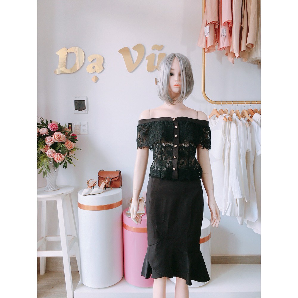 SET ĐEN ÔM BODY CHÂN VÁY ĐUÔI CÁ ÁO BẸT VAI PHỐI REN SIÊU SANG