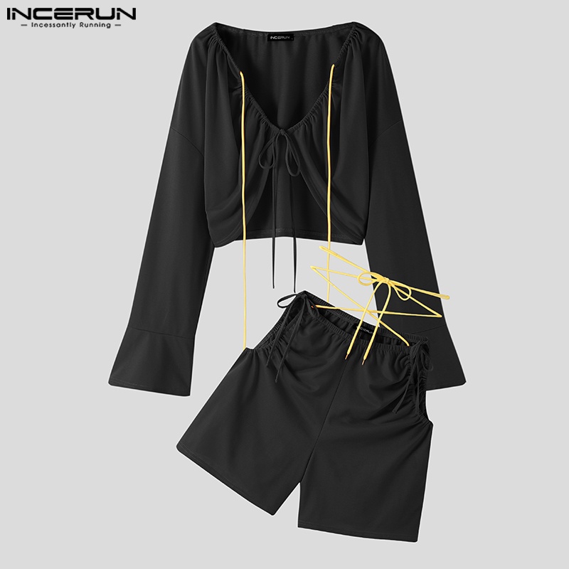 Set áo croptop tay dài + quần short INCERUN dáng rộng thời trang cho nam giới