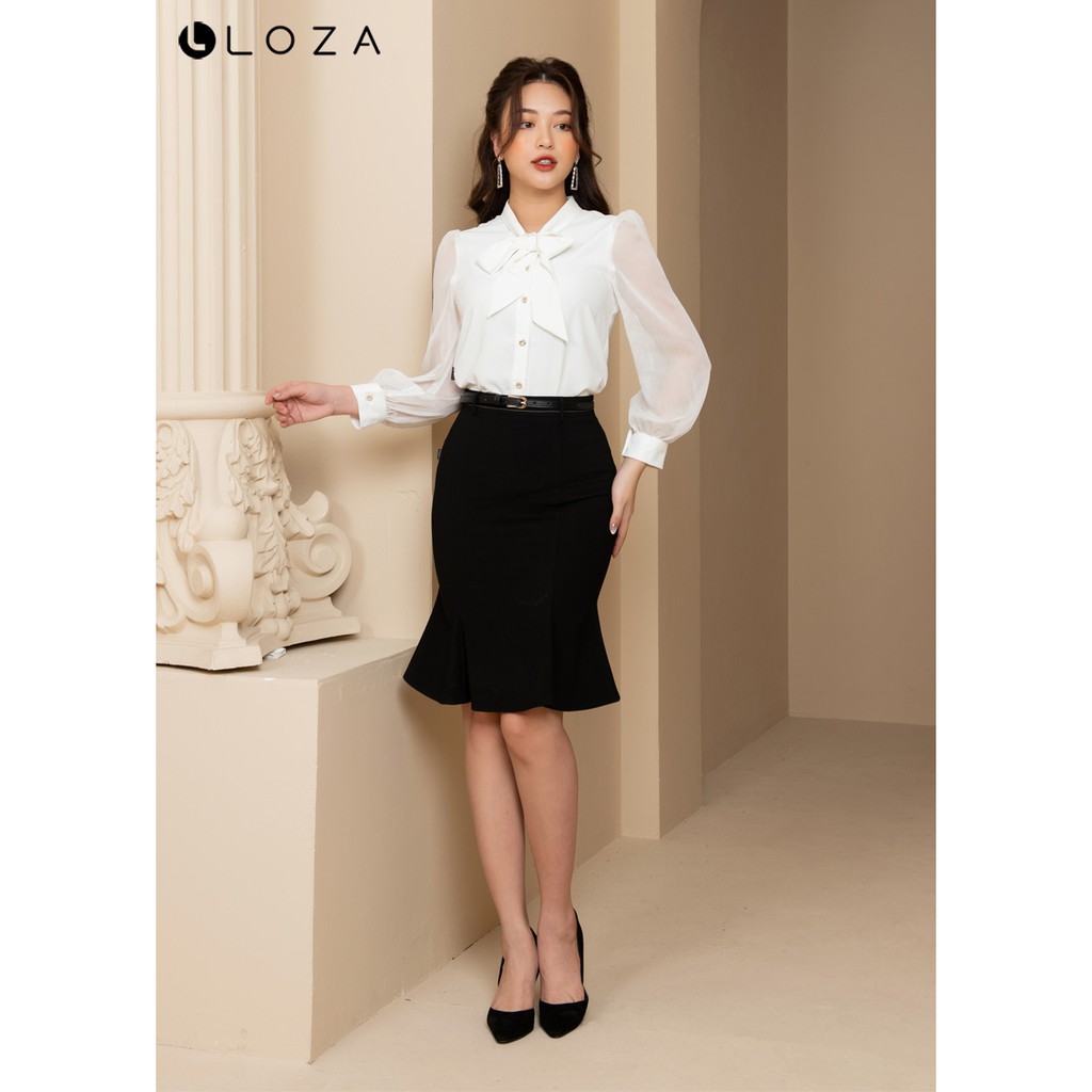 [Mã FASHIONMALLT4 giảm 15% đơn 150k] Áo sơ mi nữ LOZA trắng cổ nơ tay phối tay-LS12002