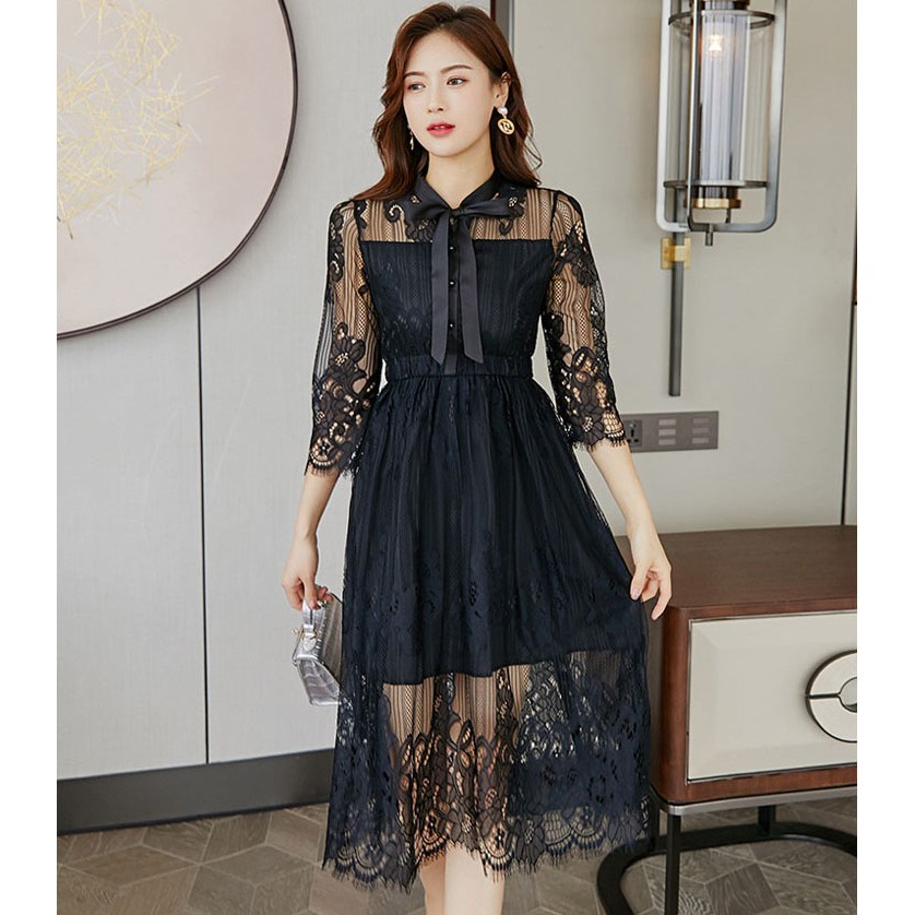 Đầm Ren Dáng Dài, Đầm Dáng Xòe Chữ A Họa Tiết Kèm Nơ Cổ Sang Trọng | BigBuy360 - bigbuy360.vn