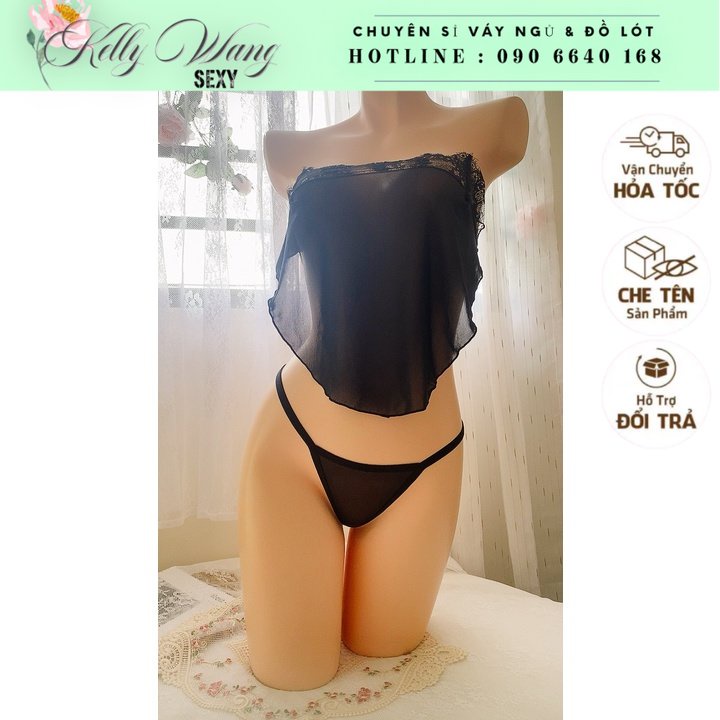 [kellywang] Sx 284 -1 set yếm ren cao cấp kèm quần lót lọt khe-Freesize 40-65kg