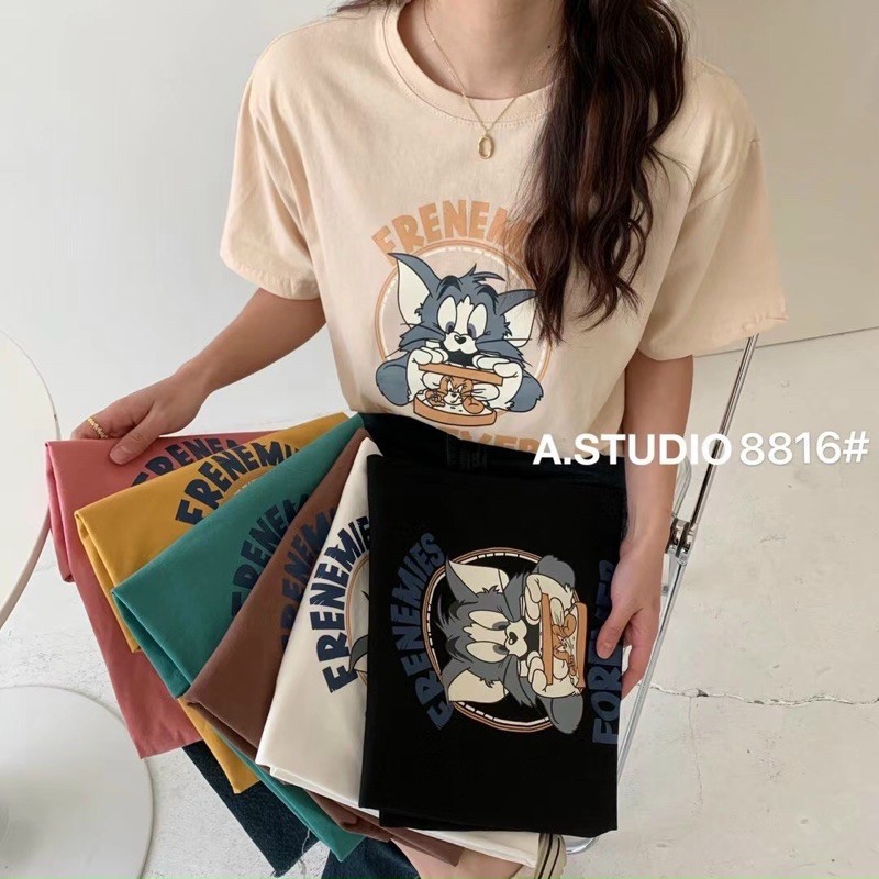 Áo phông in hình mèo và chuột, Áo thun tay lỡ Astudio hàng Quảng Châu