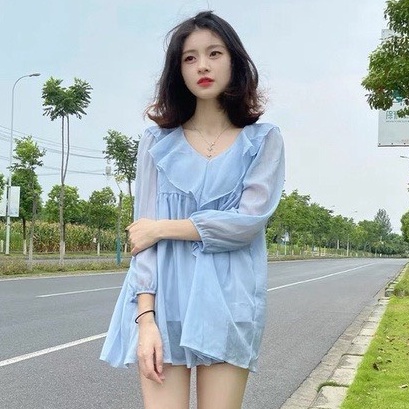 Set áo đũi bèo xanh ngọc quần short đùi trắng TH10145