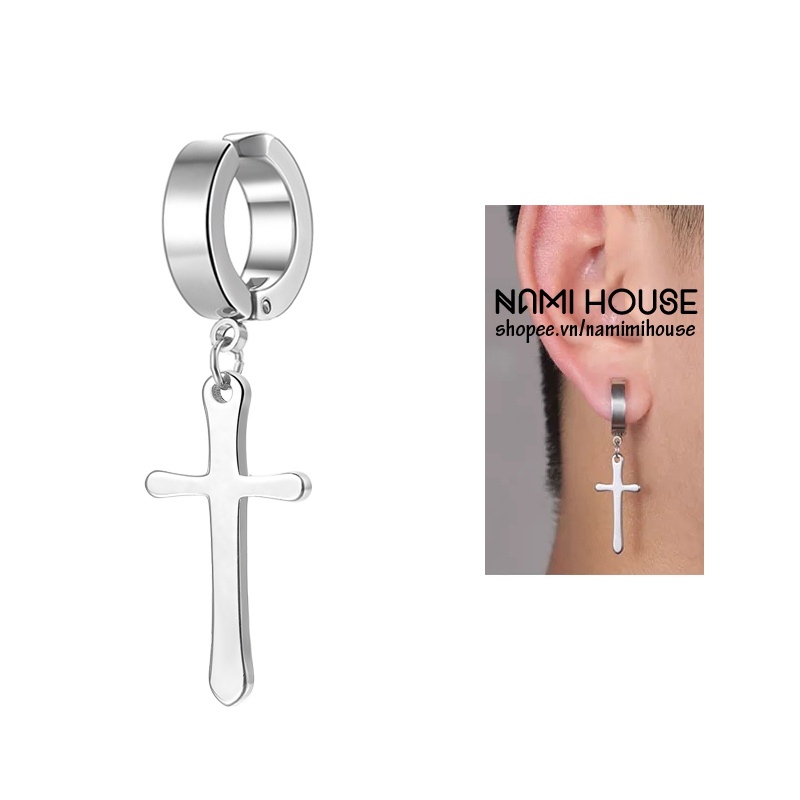 Bông tai thánh giá dài khoen dày không cần bấm lỗ tai phụ kiện trang sức unisex style hàn quốc hot top top - nami house