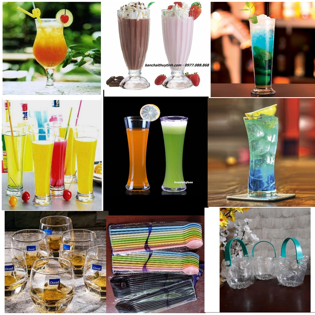 SET 06 LY THỦY TINH CAO CẤP ĐỰNG KEM , SINH TỐ , TRÀ SỮA , XÔ ĐỰNG TRÁI CÂY...MUỖNG KHOÁY CÁC LOẠI