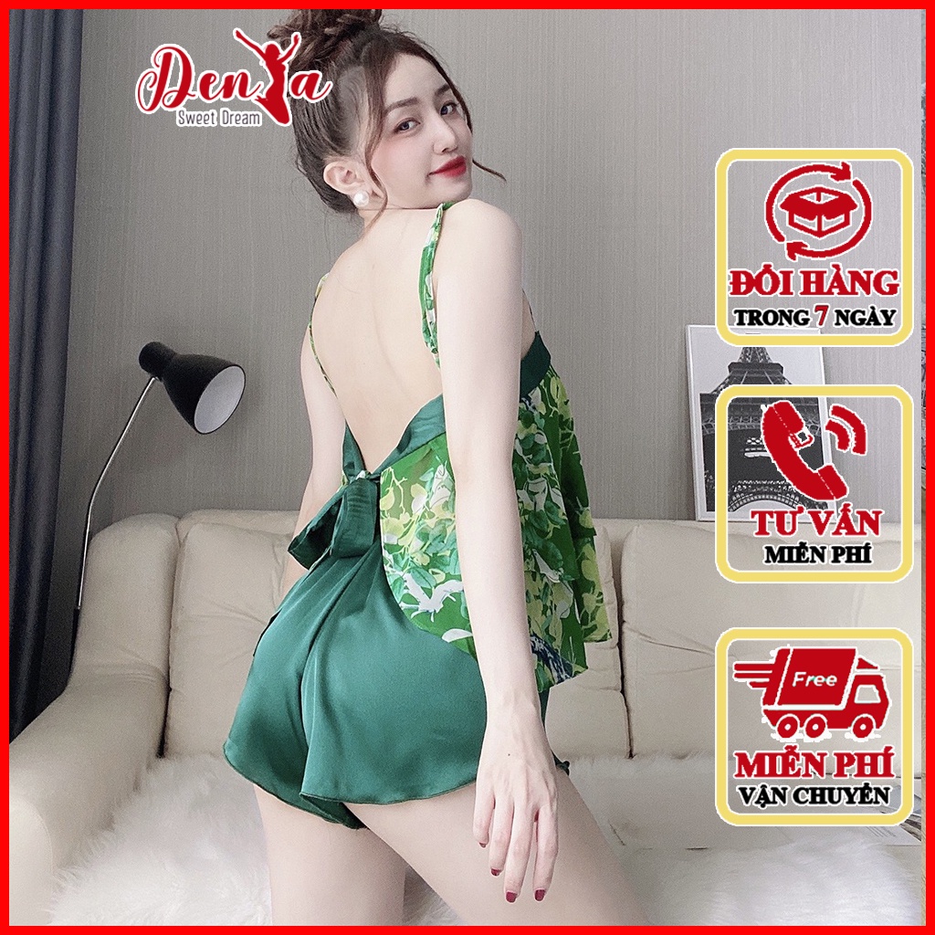 Đồ bộ ngủ hai dây DenYa chiffon phối satin, áo 2 dây xếp tầng có dây buộc nơ phía sau DN36