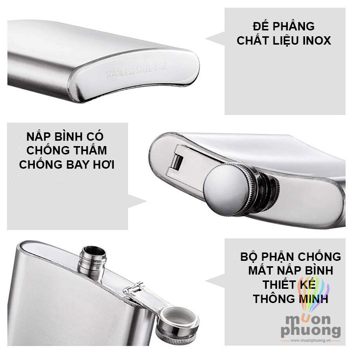 Bình đựng rượu thuốc chất lỏng inox Hip Flask 7oz kèm ly và phễu - MUÔN PHƯƠNG SHOP