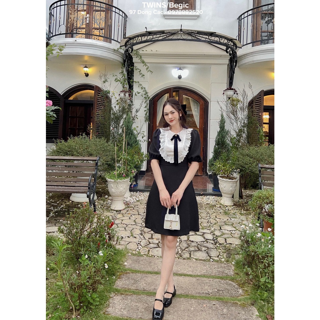 Đầm tay bồng cổ ren trắng kèm tag ( Eun jeon dress by Twins)