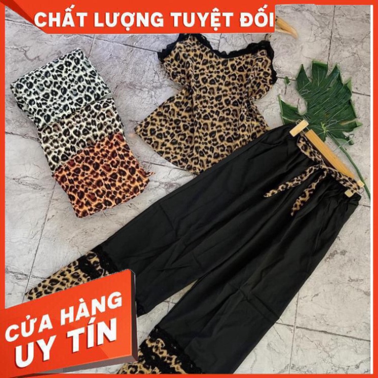 SIÊU HÓT, Đồ bộ DA BEO 2 dây, chất vải Lụa thời thượng cho nàng mặc nhà, mặc ngủ, quần đen viền da beo đồng bộ có cột nơ
