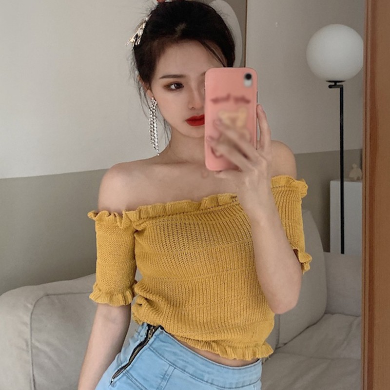 Áo Thun Dệt Kim Dáng Ôm Màu Trơn Phong Cách Hàn Quốc Cho Nữ