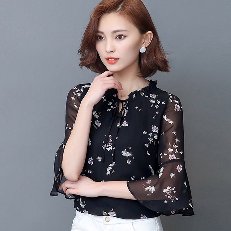 Áo Sơ Mi Nữ Tay Lửng Ống Loe Họa Tiết Hoa Thời Trang