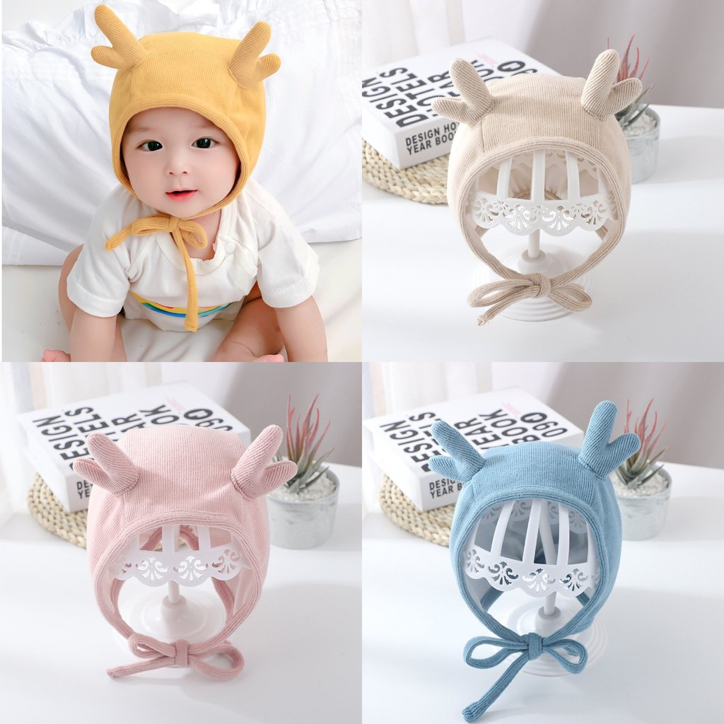Nón vải cotton cột dây có sừng đáng yêu cho bé